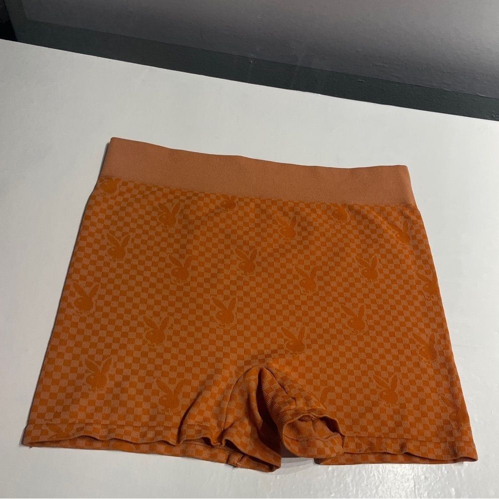 Playboy by Pacsun L Checkered Orange Extra Short Bike Shorts